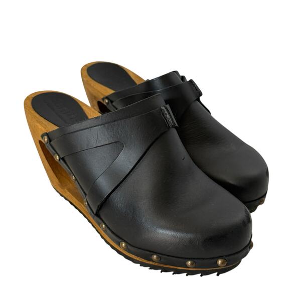 NWOB Sanita Leather Sweedish Clogs Cut out Wood Wedges 37 - Picture 3 of 9
